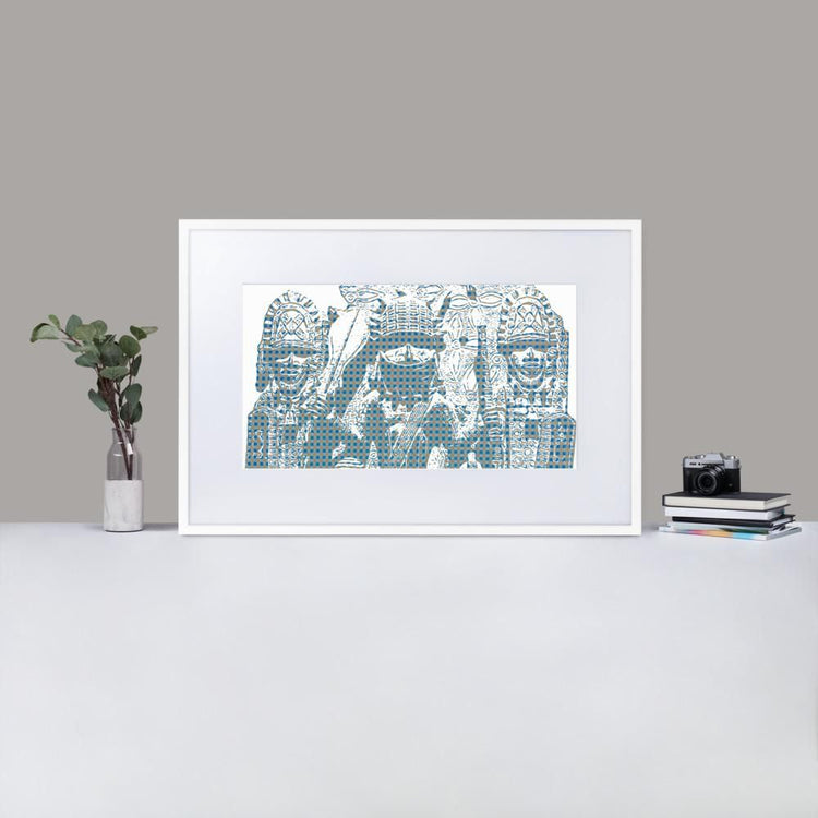 Benin Bronzes - Framed Print With Mat - Gingham Blue - GeorgeKenny Design