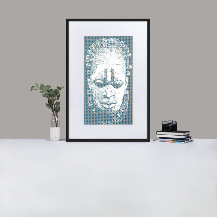 Benin Ivory Mask - Framed Print With Mat - Gingham Blue - GeorgeKenny Design