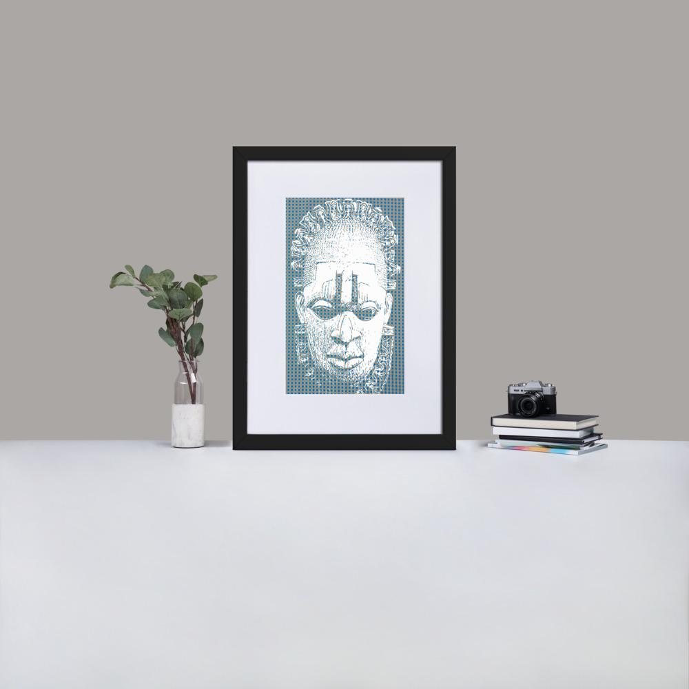 Benin Ivory Mask - Framed Print With Mat - Gingham Blue - GeorgeKenny Design