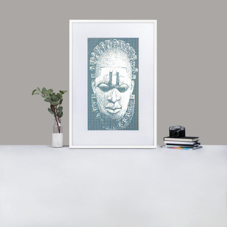 Benin Ivory Mask - Framed Print With Mat - Gingham Blue - GeorgeKenny Design