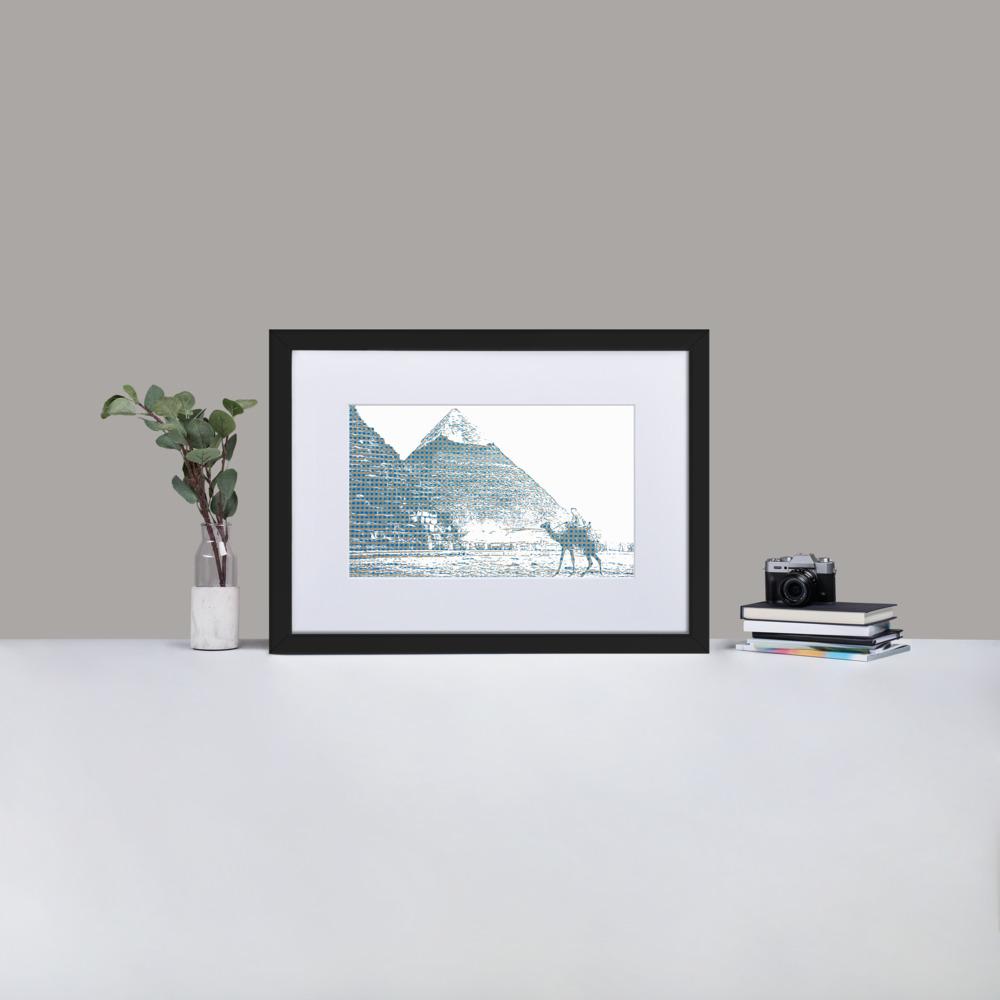 Pyramids of Egypt - Framed Print with Mat - Gingham Blue - GeorgeKenny Design