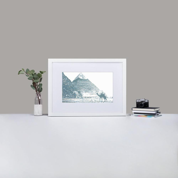 Pyramids of Egypt - Framed Print with Mat - Gingham Blue - GeorgeKenny Design